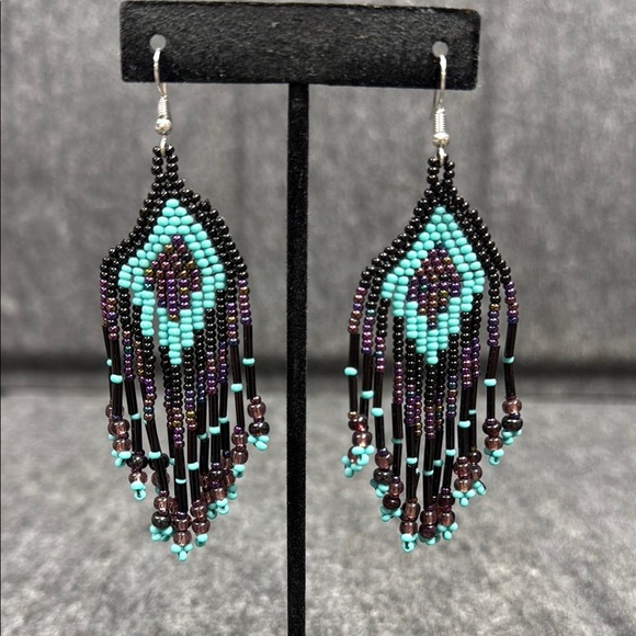 Black and Blue Chandelier Earrings with Intricate Beadwork - Picture 2 of 3